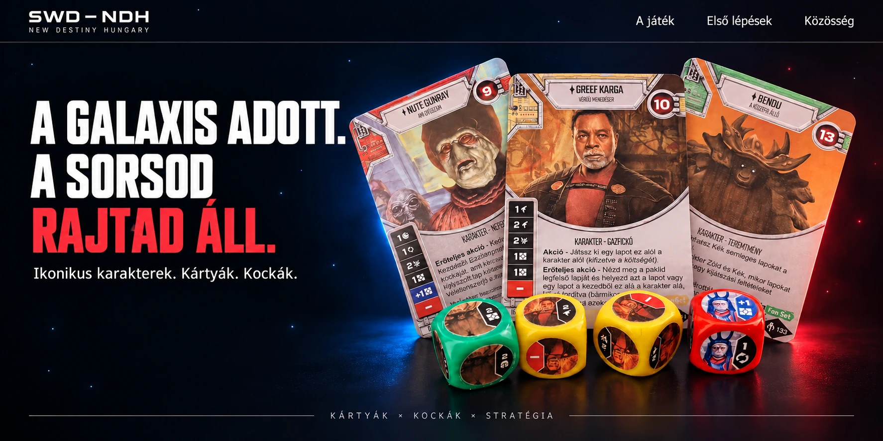 Nute Gunray, Greef Karga és Bendu NDH-kártyái négy karakterkockával, kék és piros fényben.